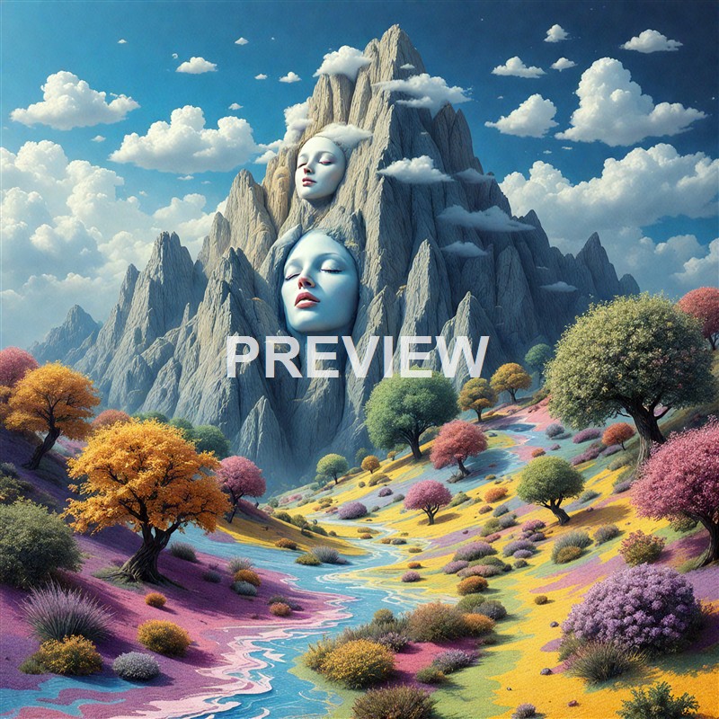 A surreal landscape featuring a mountain with two large, human-like faces integrated into its rocky surface, surrounded by colorful trees, a flowing stream, and clouds in the sky.